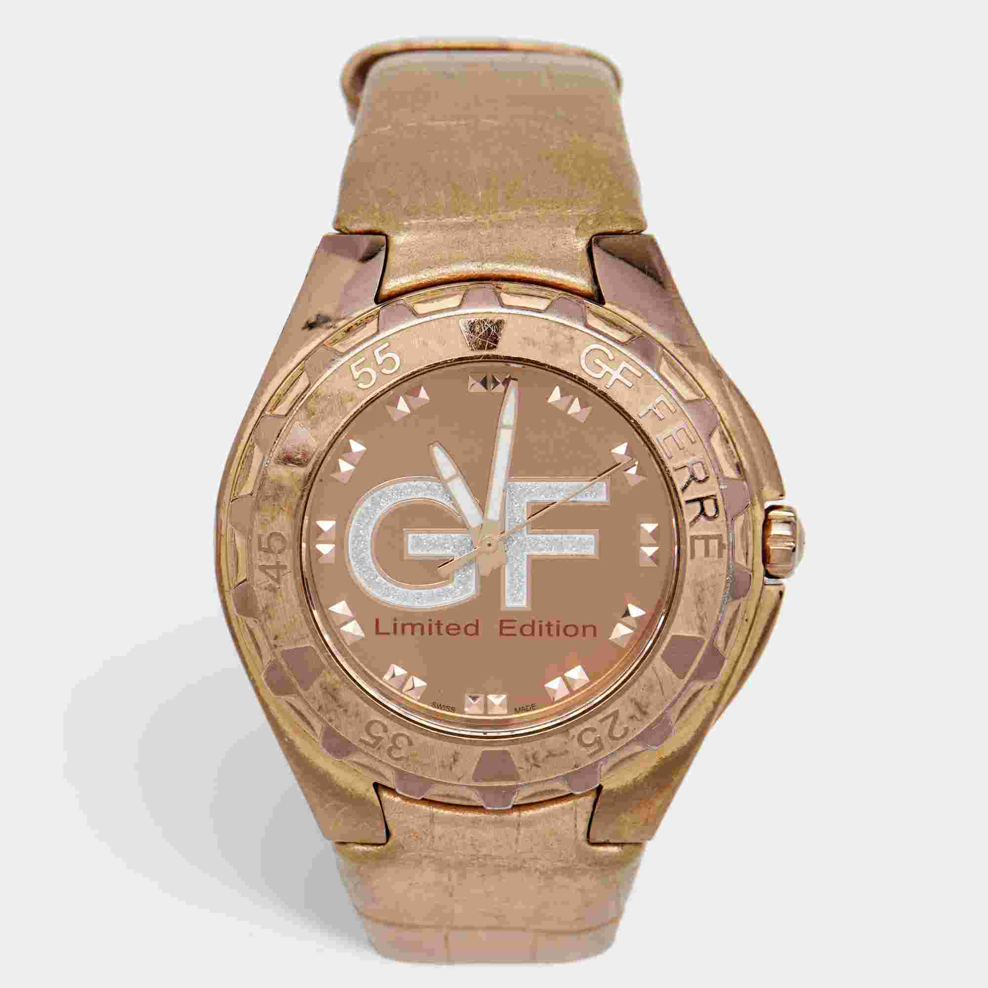 Gianfranco Ferre Rose Gold Plated Stainless Steel Leather 9040M Limited Edition Unisex Wristwatch 44 mm