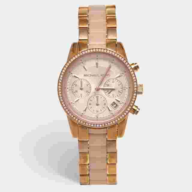 Michael Kors Ritz MK6307 Champagne Gold Tone Stainless Steel Acetate Women's Wristwatch 37 mm