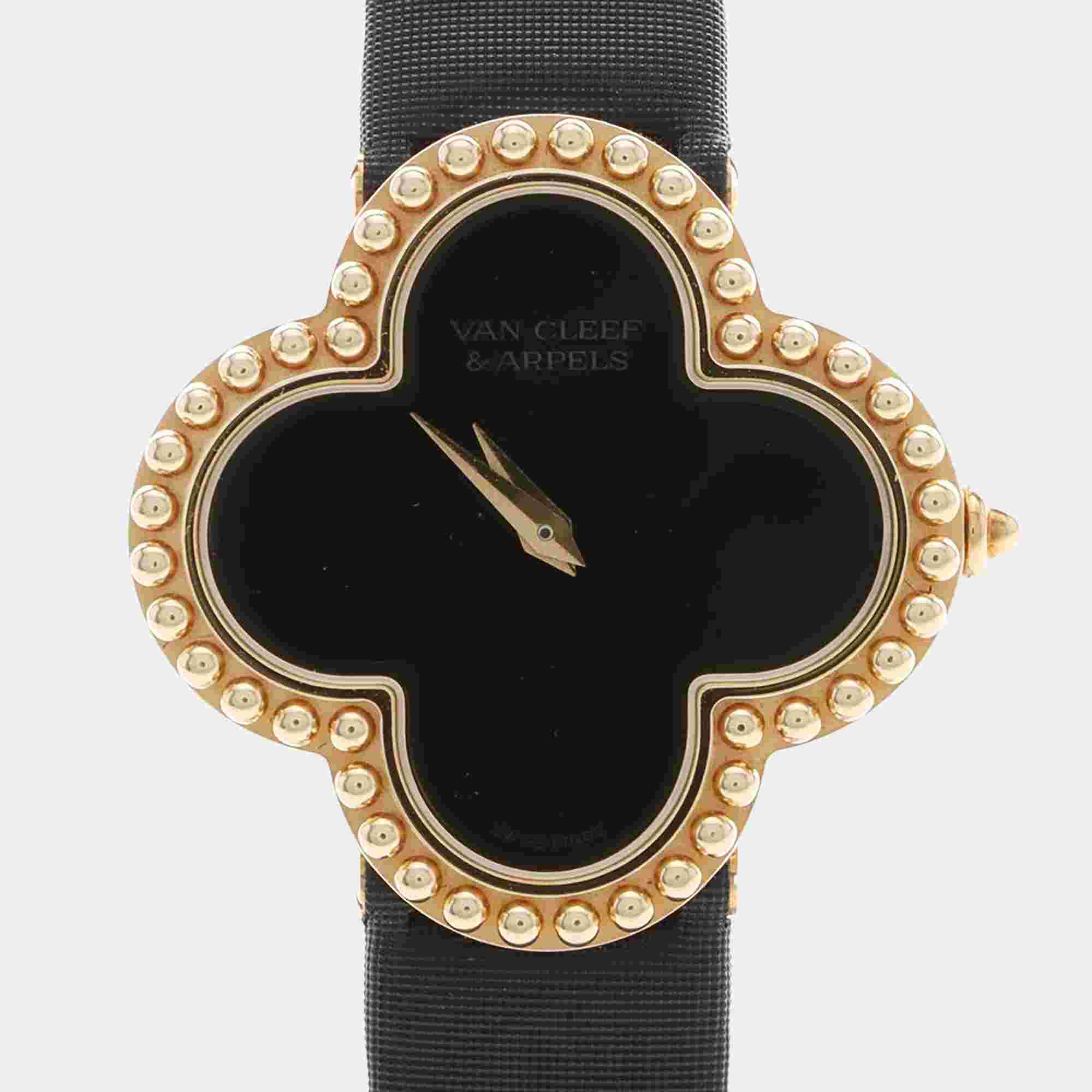 Van Cleef & Arpels Alhambra Black Quartz 18K Yellow Gold Women Wristwatch 26mm