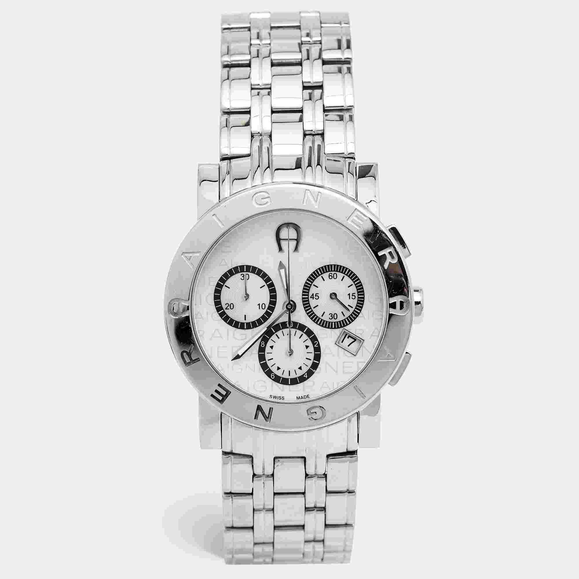 Aigner White Mother of Pearl Stainless Steel Cortina Chrono A26100 Men's Wristwatch 38 mm