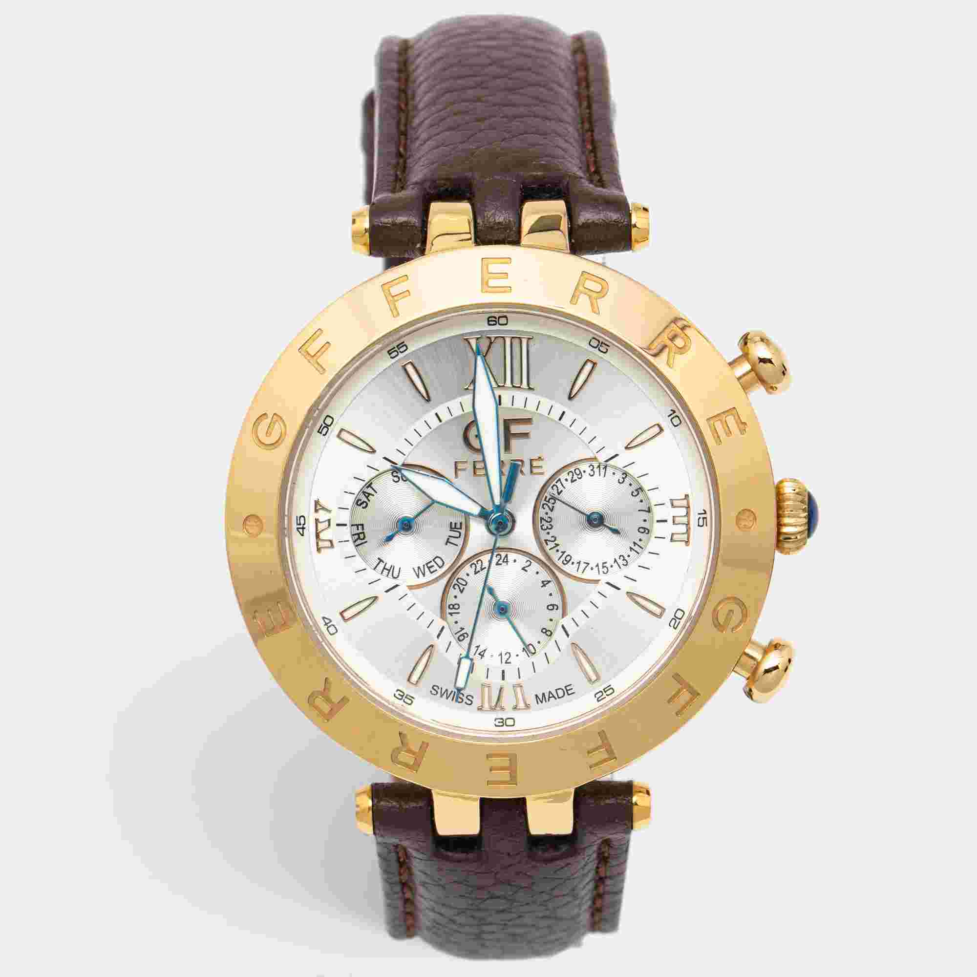 GF Ferre Silver Gold Plated Stainless Steel Leather GFBR6215 Men's Wristwatch 42 mm