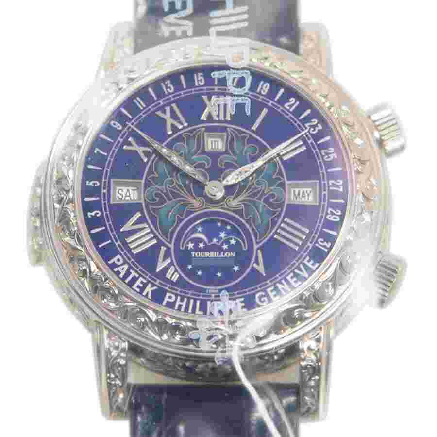 Patek Philippe Grand Complications Perpetual Tourbillon Hand Wind Moon Phase Diamond Blue Dial Men's Watch 6002G-001