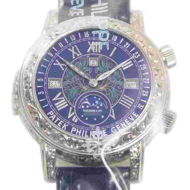 Patek Philippe Grand Complications Perpetual Tourbillon Hand Wind Moon Phase Diamond Blue Dial Men's Watch 6002G-001