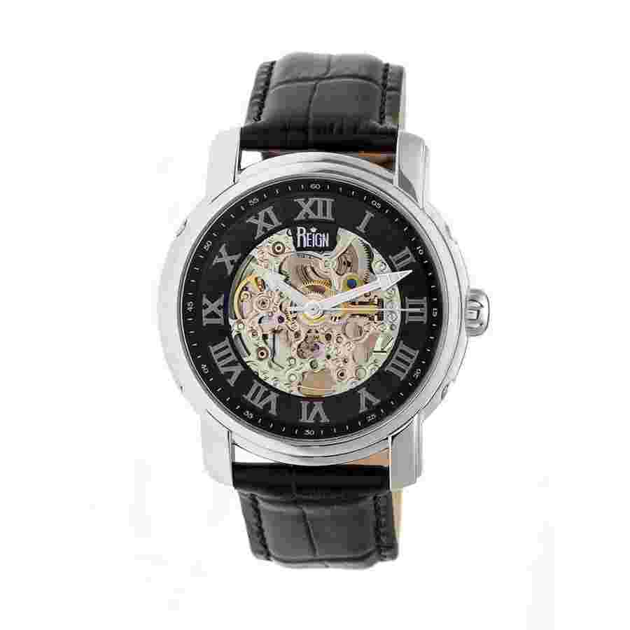 Reign Kahn Black Skeleton Roman Numeral Black Leather Strap Men's Watch RN4304