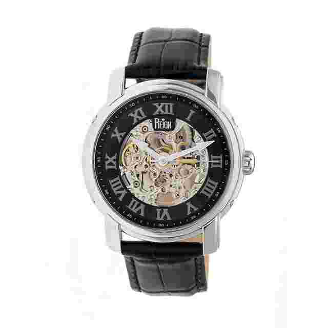 Reign Kahn Black Skeleton Roman Numeral Black Leather Strap Men's Watch RN4304