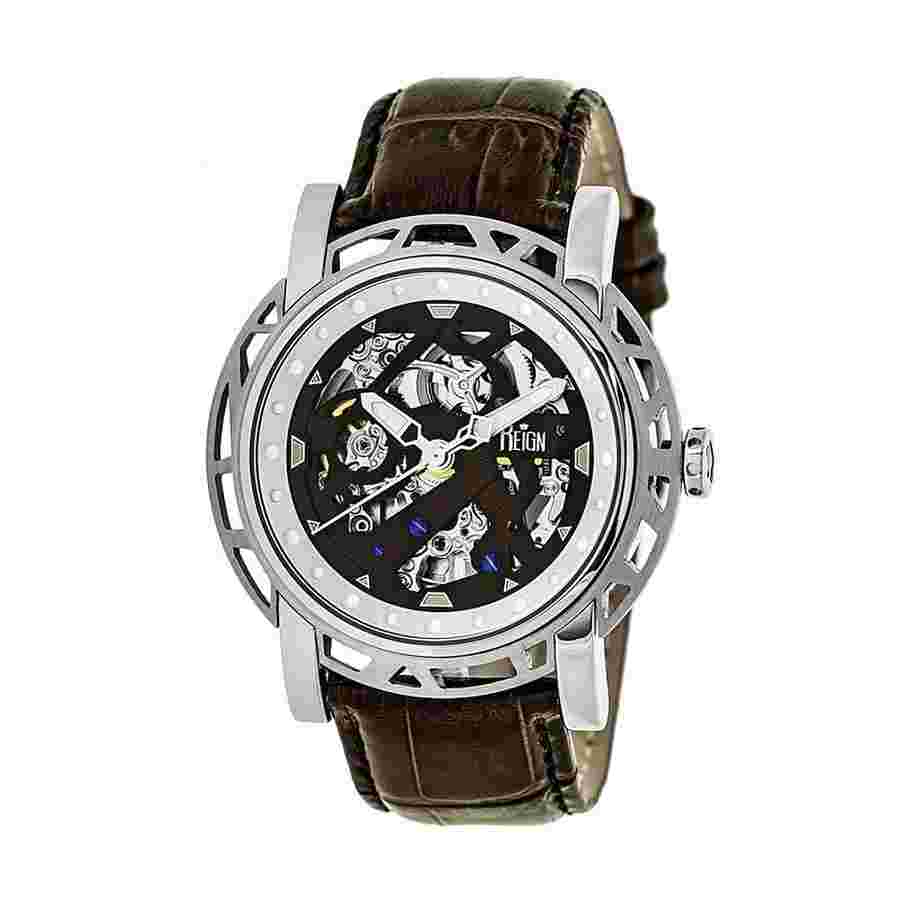 Reign Stavros Black Skeleton Dial Brown Leather Men's Watch RN3701