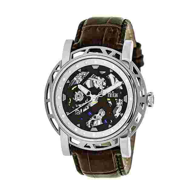 Reign Stavros Black Skeleton Dial Brown Leather Men's Watch RN3701