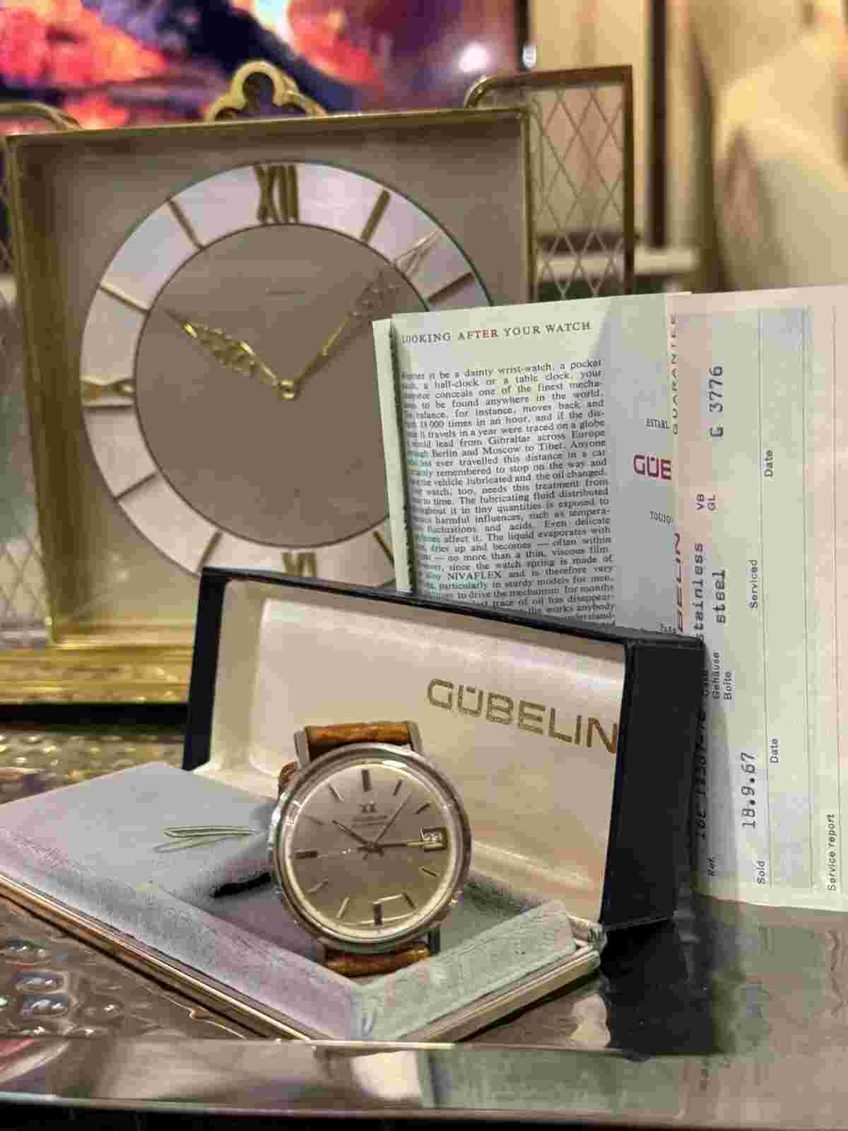 1967 GÜBELIN “Double HourGlass Edition” 37mm Automatic Date Watch Box/Paper !