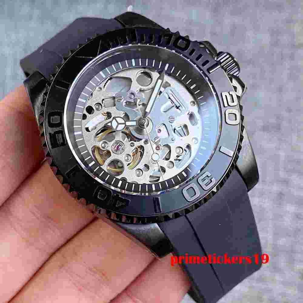 NH70 Skeleton Black 40mm Men Automatic Watch Sapphire Hollow Dial Ceramic Bezel