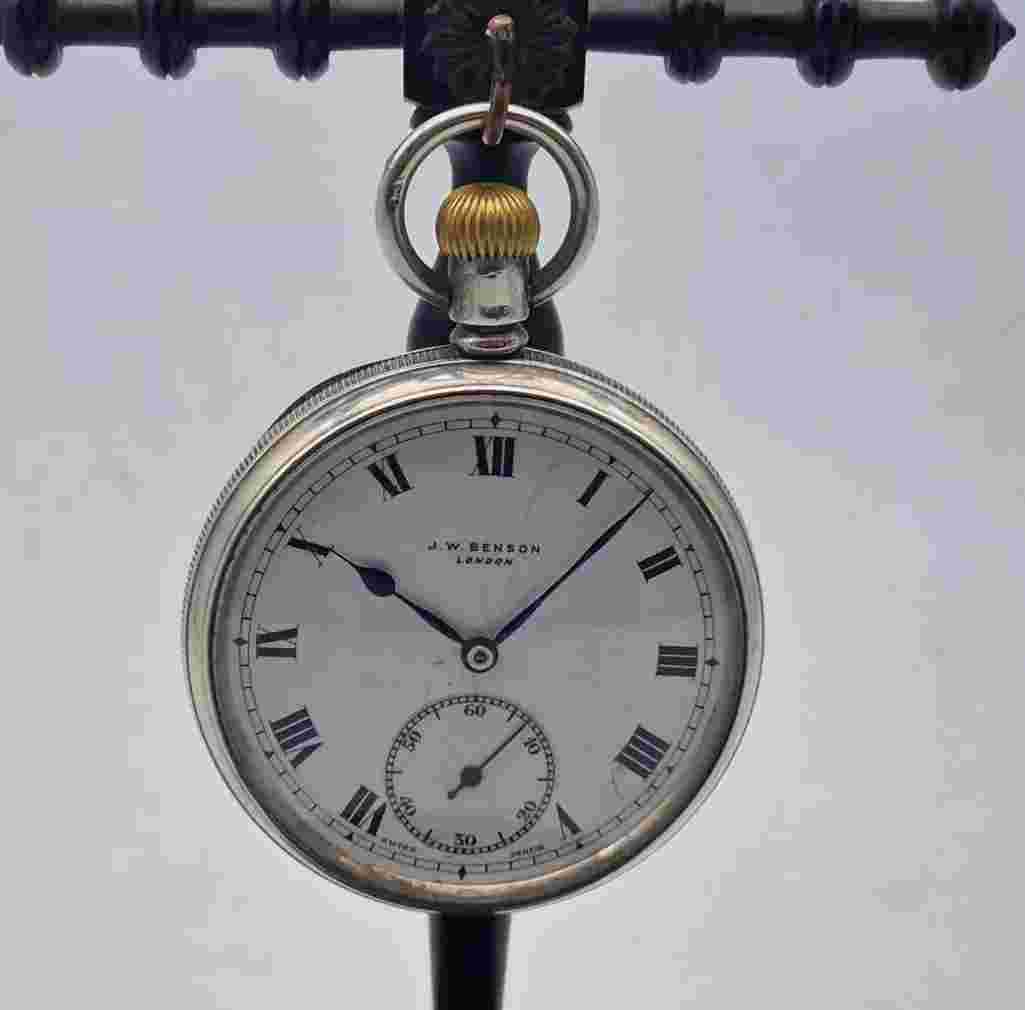 ANTIQUE J.W. BENSON LONDON SOLID SILVER POCKET WATCH 48 MM. / V085