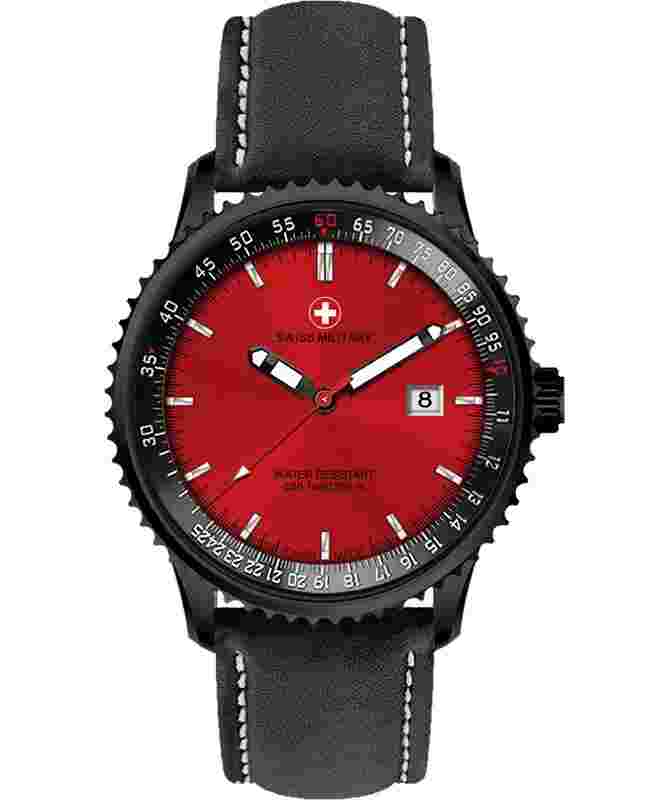CX Swiss Military Lightning Nero Rawhide Swiss Watch 44mm 20ATM Red Dial 3123