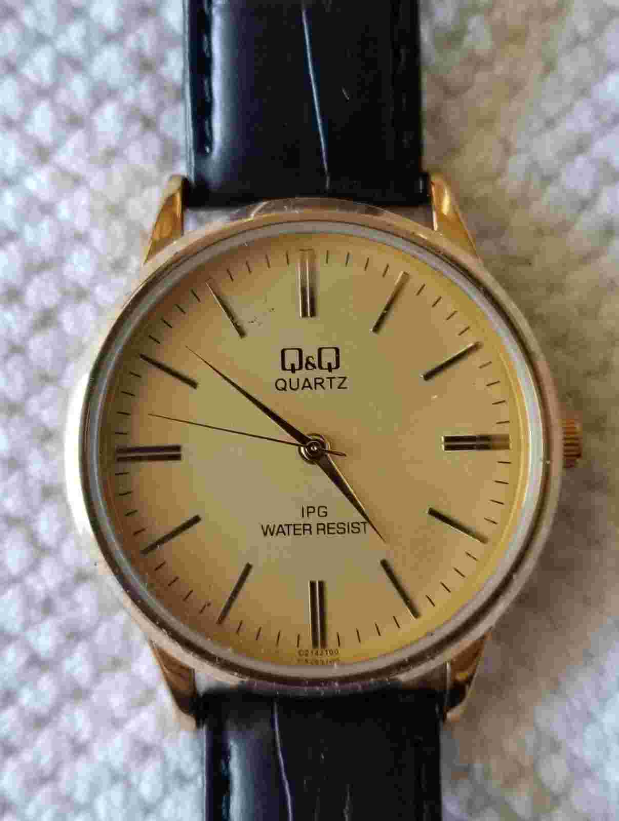 Q&Q Gold Tone IPG Mens Watch WR 3Bar Black Faux Leather Band 6"-7.5" New Battery