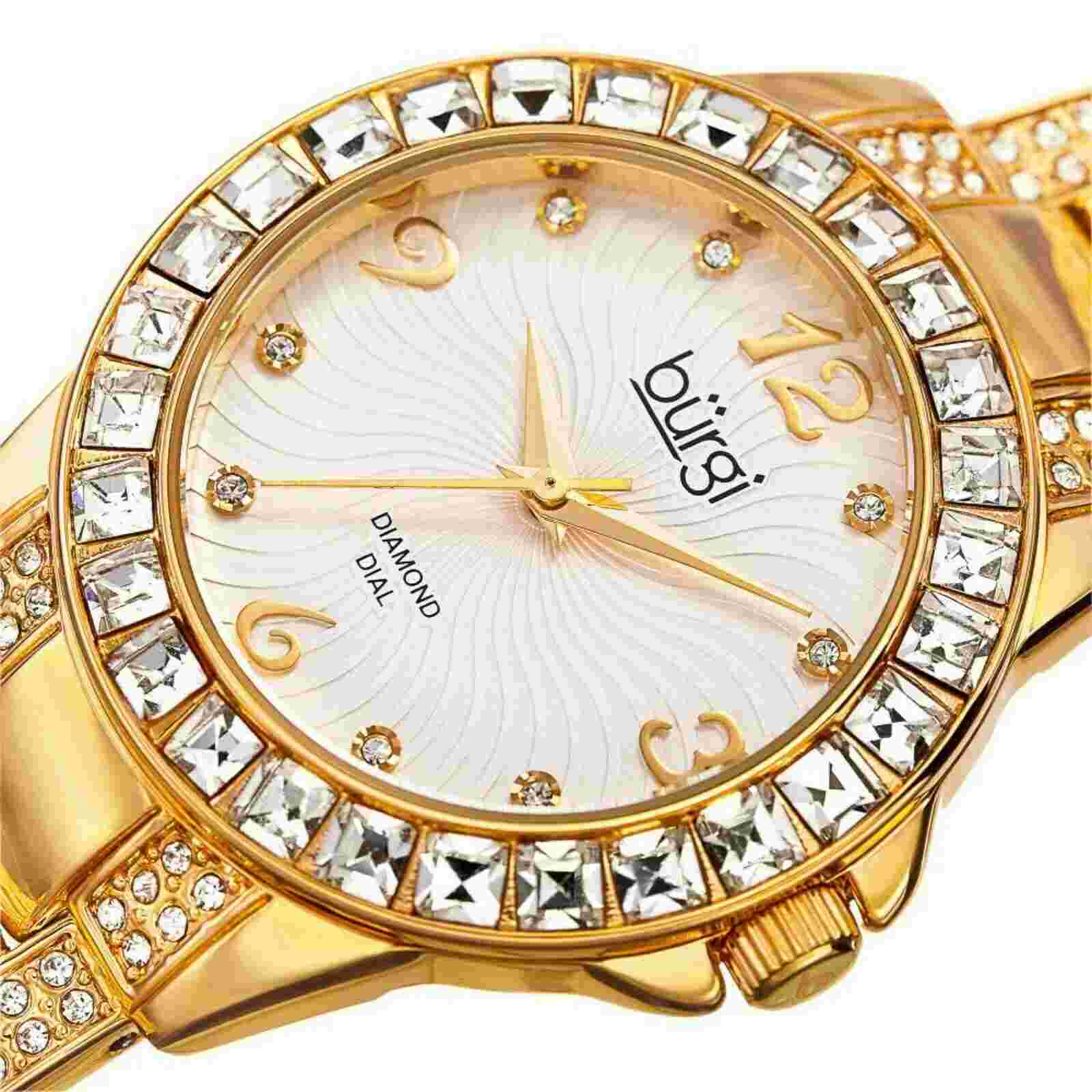 NEW Burgi BUR137YG Lady Crystal Baguette Bezel Embossed Swirls Yellow Gold Watch