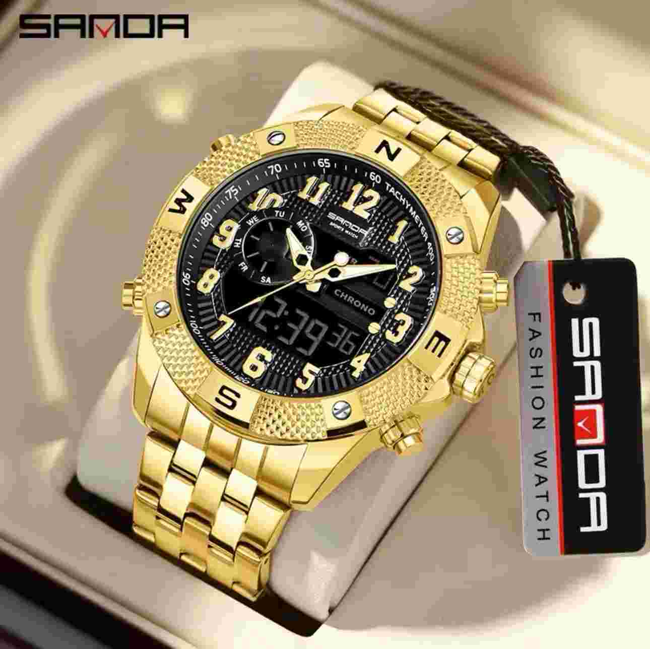 SANDA Golden Top Men Watch LED Digital Stainless Steel Military Sport Waterproof