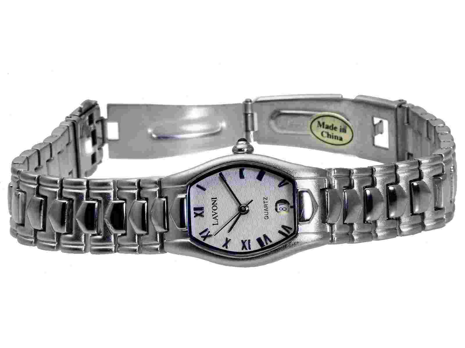 LAVONI:WOMENS' STAINLESS STEEL METAL BAND OVAL CASE W/DATE ANALOG QUARTZ WATCH