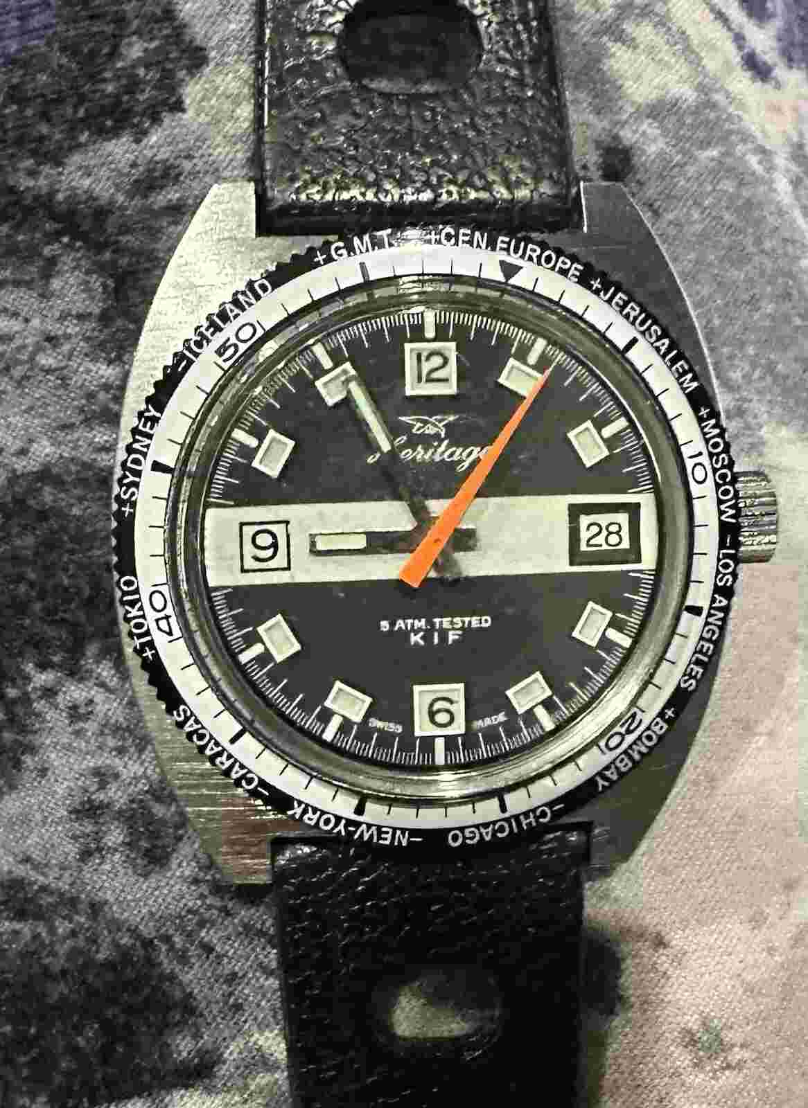 Vintage 70's American Heritage World Time Bezel 39mm Case Skin Diver Watch