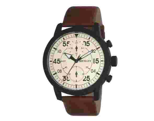 Henley Men's Bold Textured sports Black Dial With Brown Leather Strap Watch