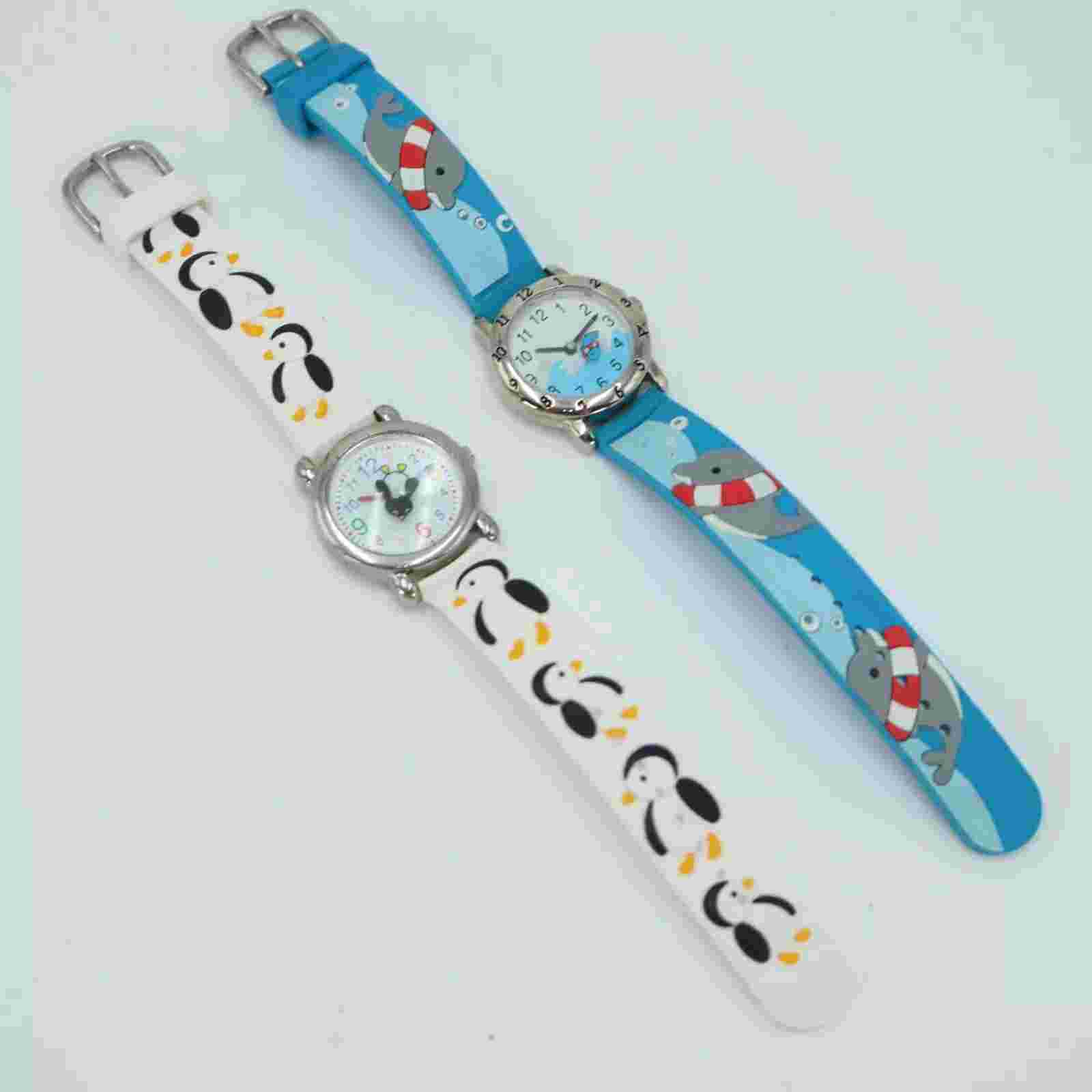 2x Kids Watches Blue Dolphin and White Penguin Watch 28mm Animal Seconds Hand