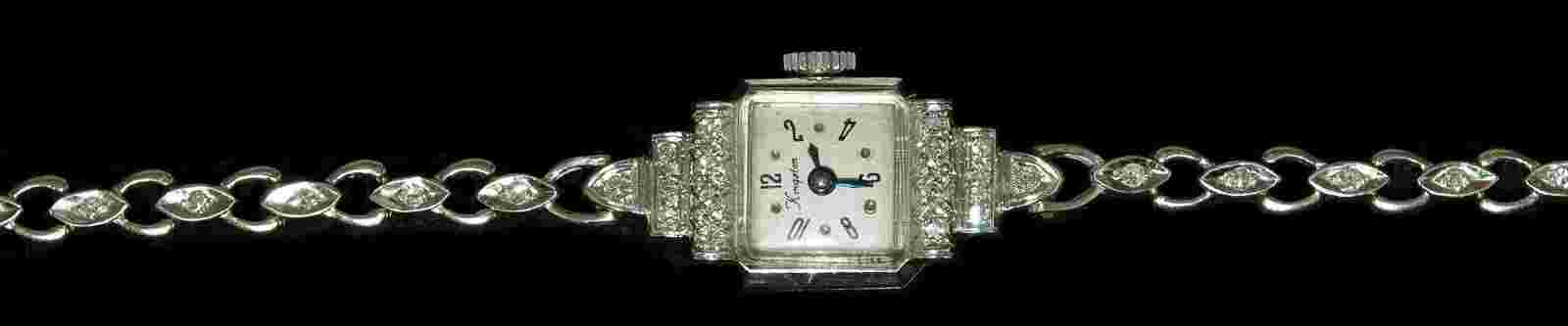 14k white Gold Kingston Ladies Watch Art Deco 34pts Diamonds Swiss 17 Jewel