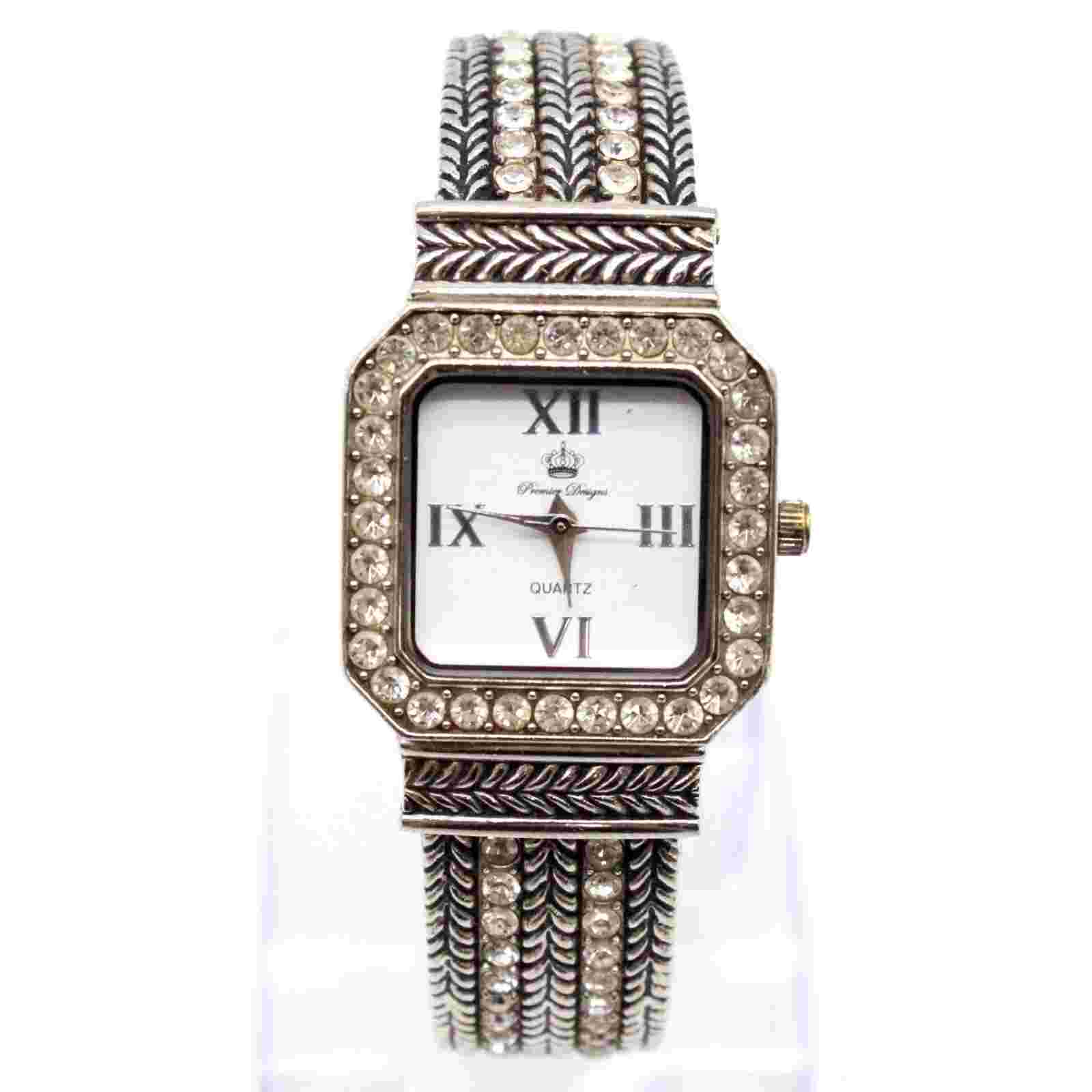 Premier Designs Watch Women's Silver Tone Dial Texture Open Cuff Bracelet Band