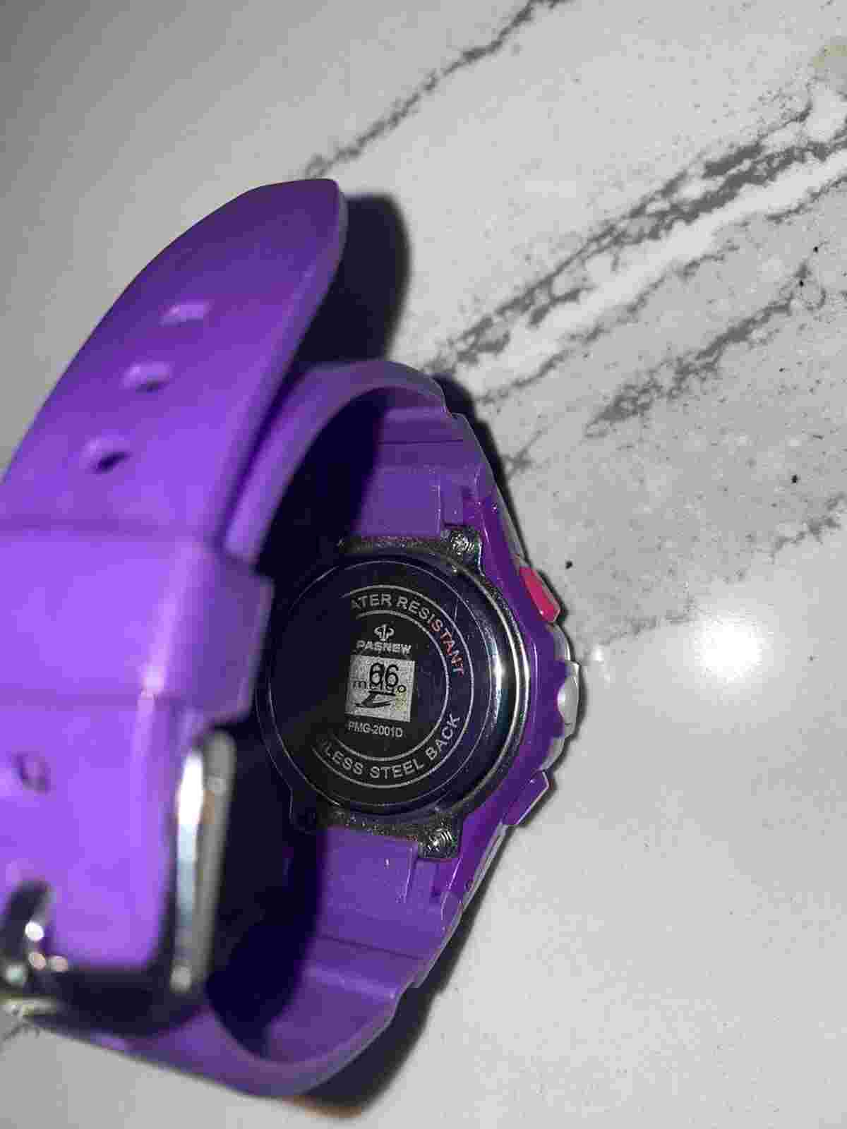 Pasnew Melgo Silver Tone Purple Resin Band Day Date Time Watch WR 100 M 9 Inch