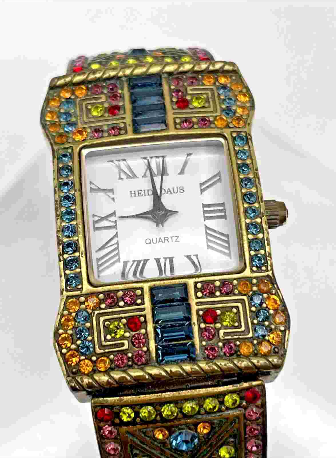 HEIDI DAUS "Timeless Timepiece" Art Deco Bronzetone Crystal Hinged Cuff Watch