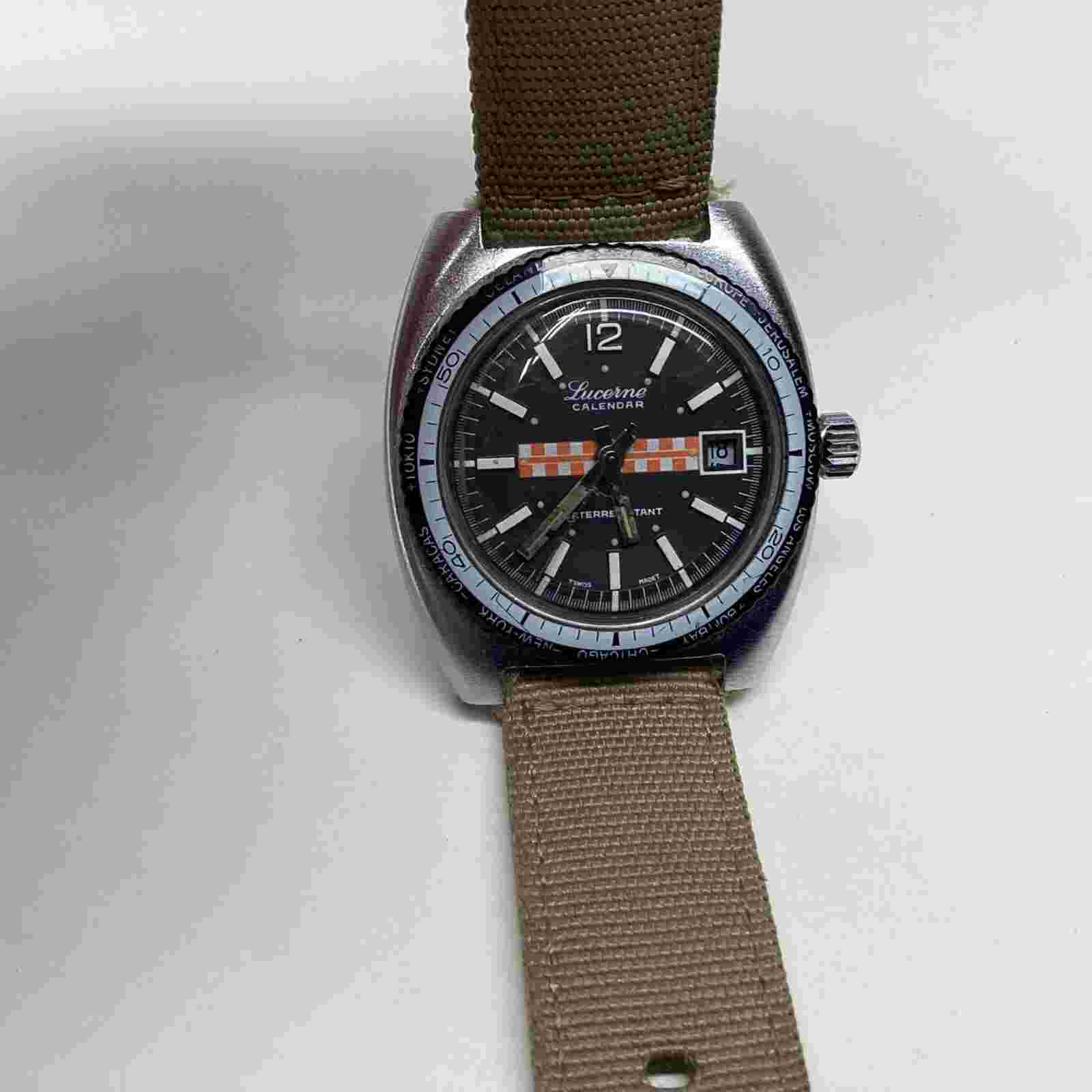 Vintage RARE Lucerne Calendar Racing Flag Watch Manual Winding Swiss Made