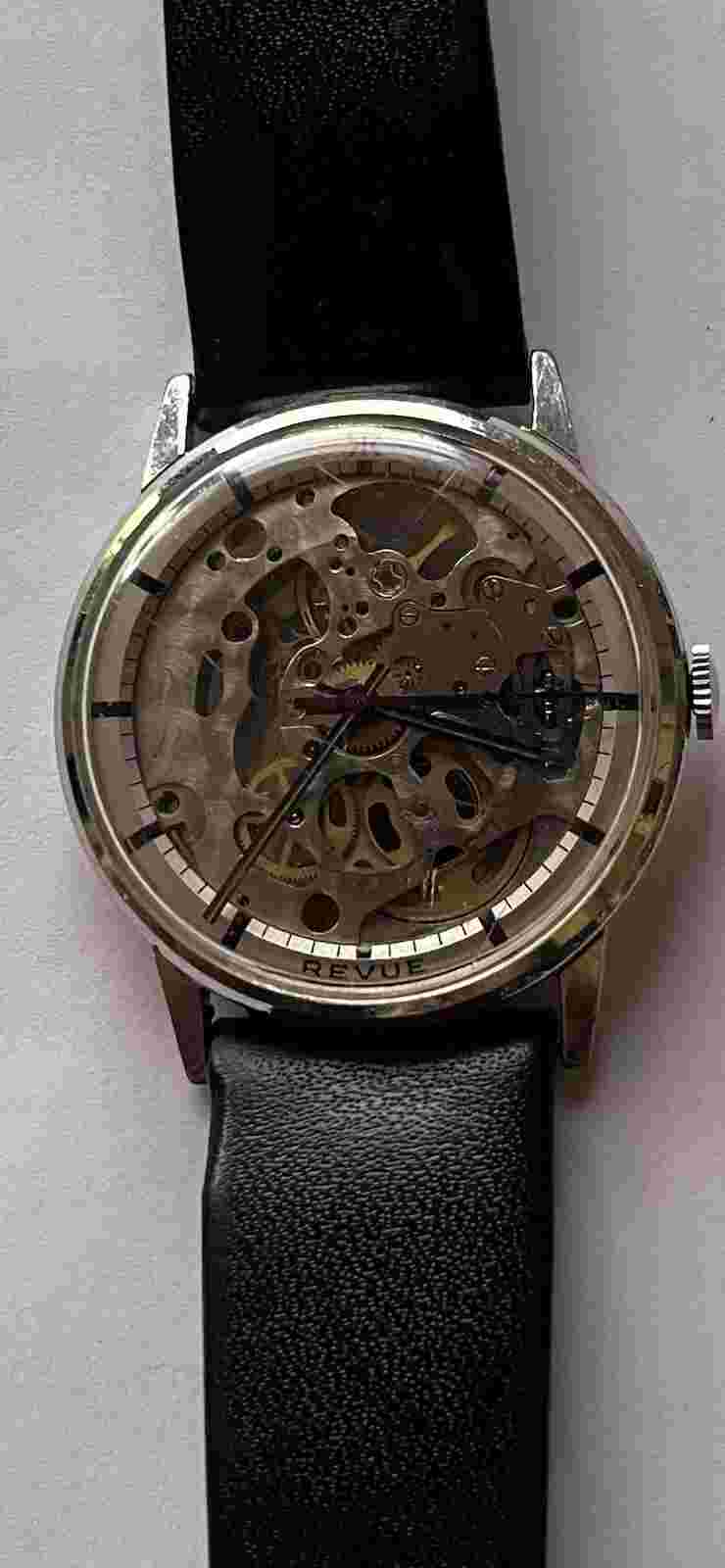 Unique 1970’s Swiss Revue 17 Jewel Skeleton Watch Clear Front And Back Unusual