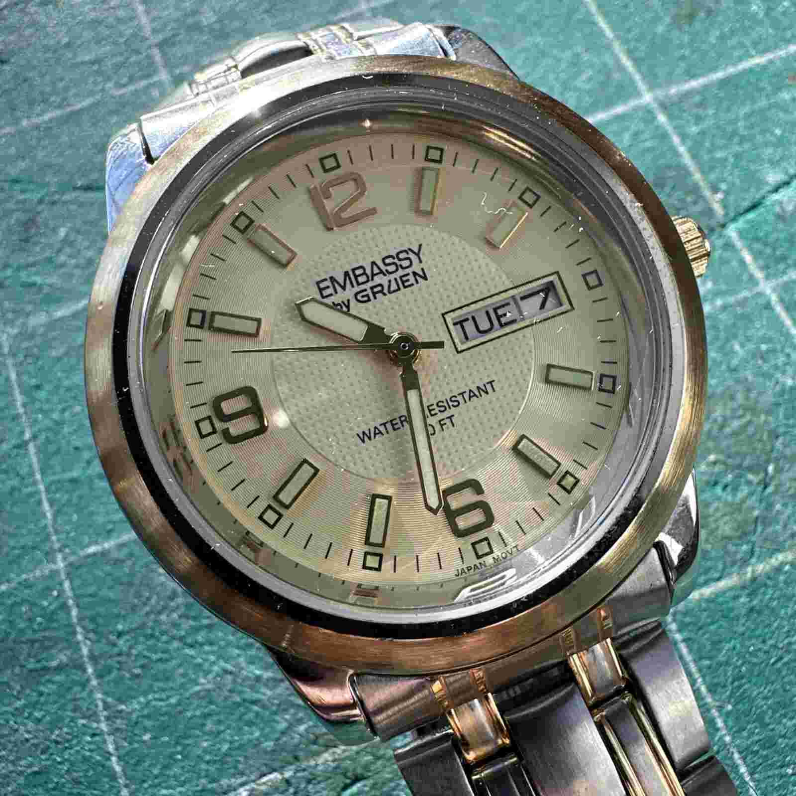 VTG Men's Gruen Embassy Watch Cream Dial And Gold Color Basel 36MM Day Date