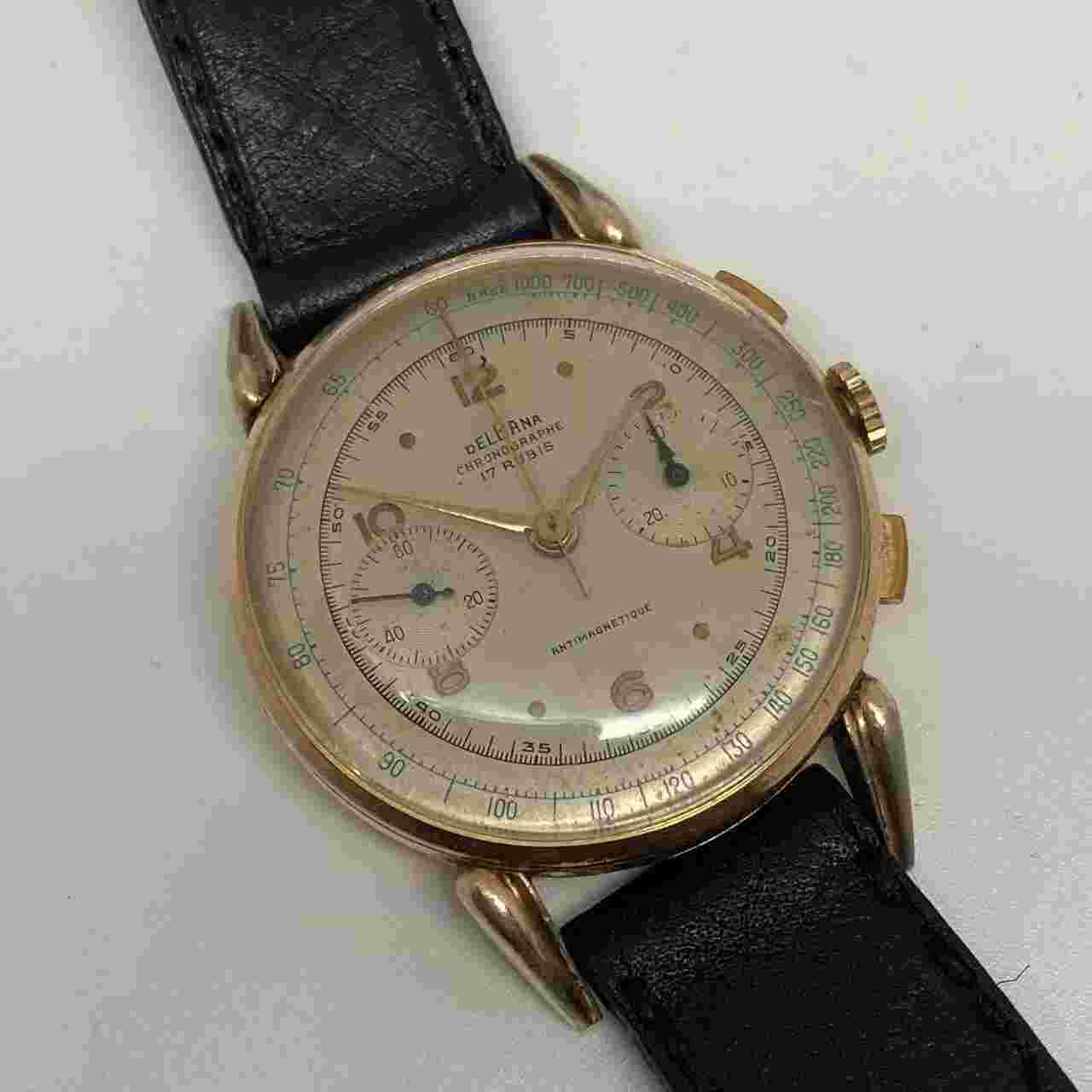 BIG 37MM DELBANA CHRONOGRAPH CALIBER VENUS 175 MANUAL WIND SWISS WATCH Ca 1950