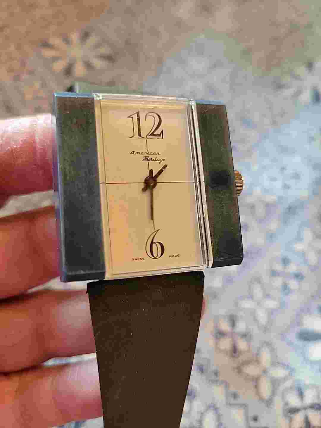 American Heritage  Watch Self Winding Blue Square Plastic Case  Needs Repair