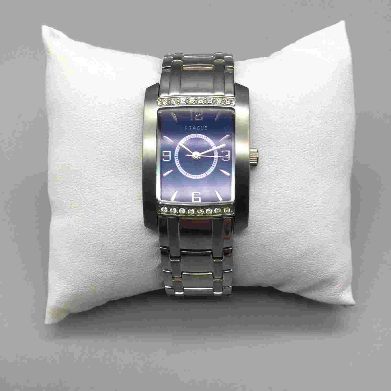 Prague Tank Watch Unisex 25mm Silver Tone Blue Dial New Battery 6.5"