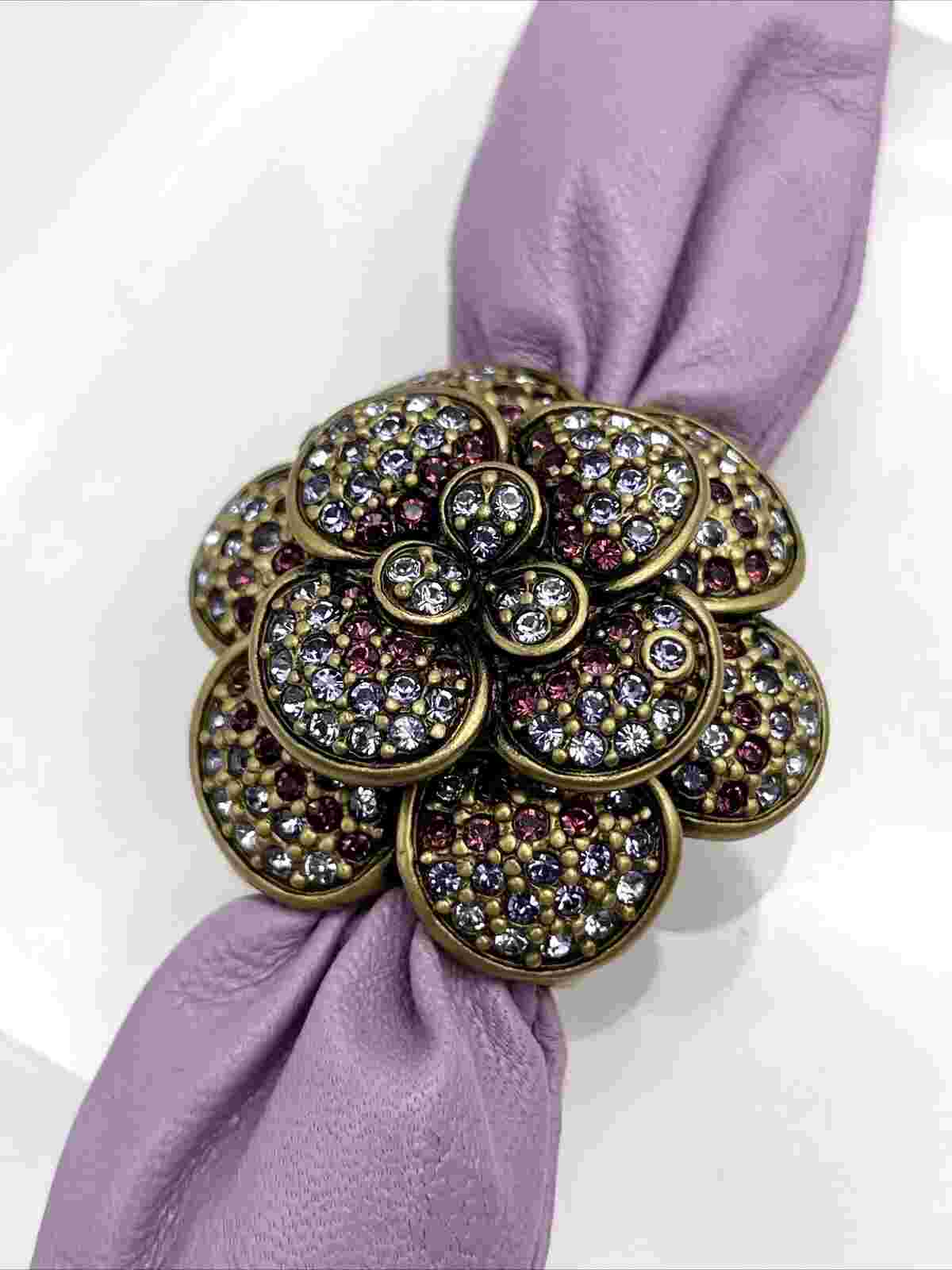 HEIDI DAUS "Petal Profusion" Crystal & M-O-P Flower Leather Band Watch