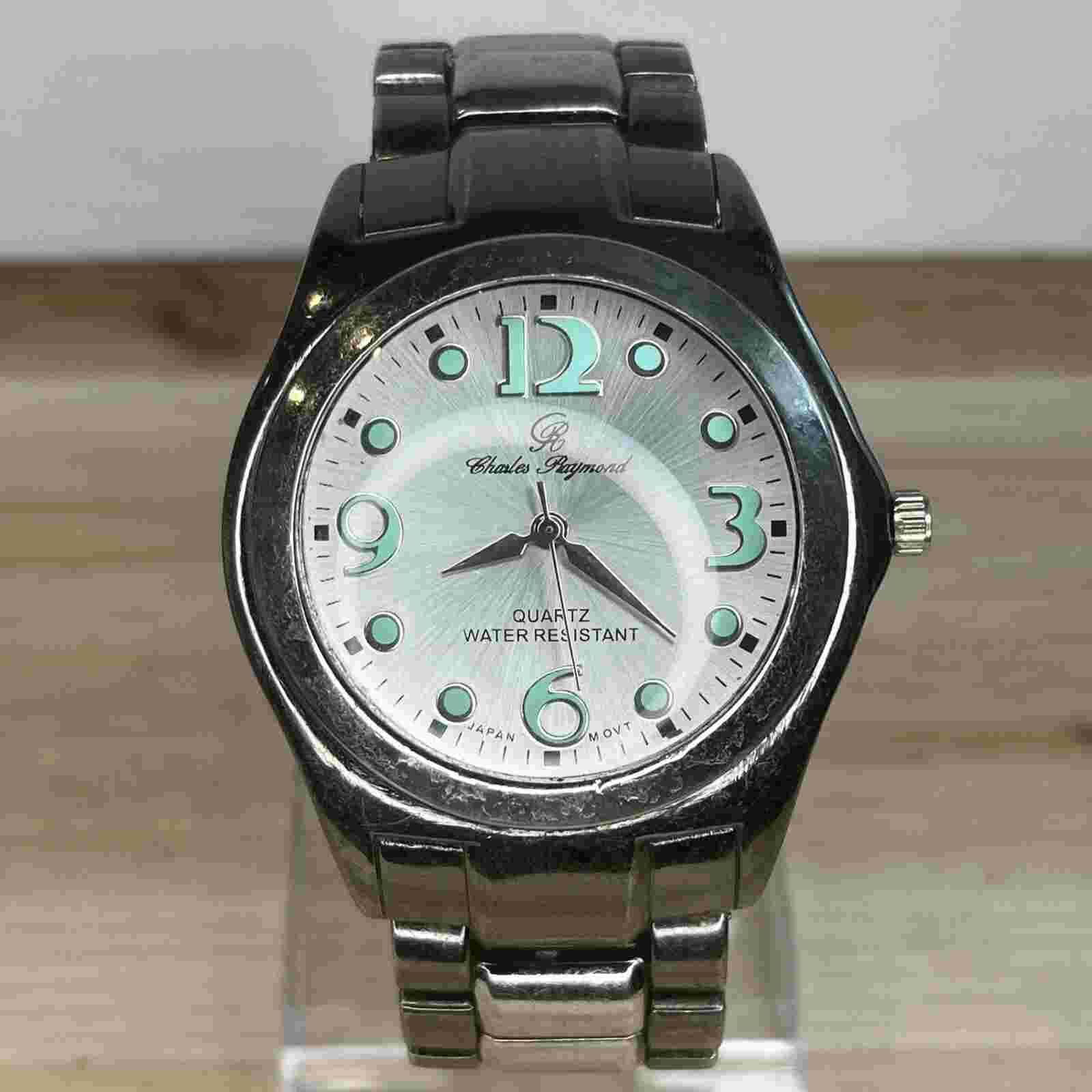Charles Raymond Men's Watch Teal Numbers Silver Tone Stainless Steel NEW BATTERY