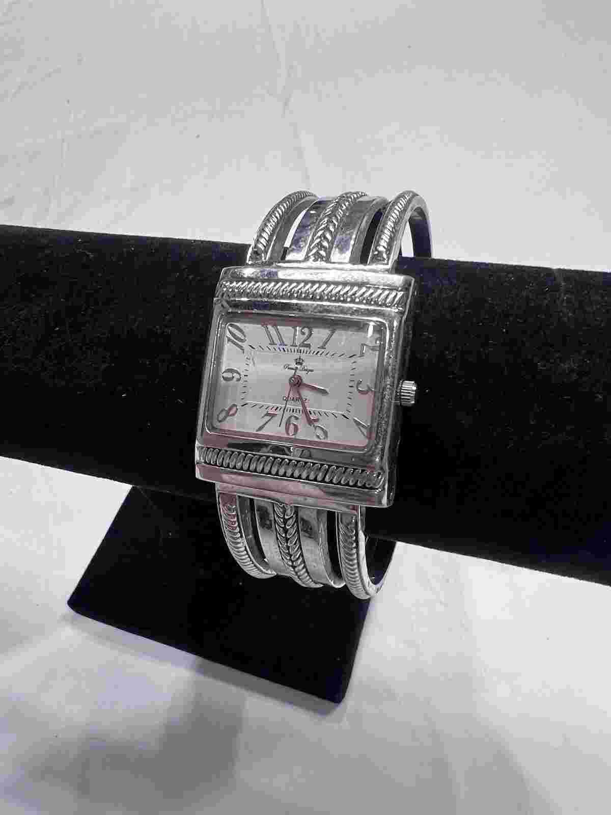 Premier Designs Silver Tone Dial Rectangle Case Open Cuff Hinge Band Watch 6 In.