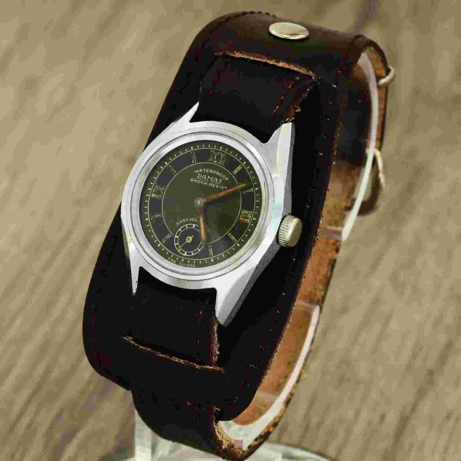 Damas shock-resist Swiss made mechanical military 1950s wristwatch black dial