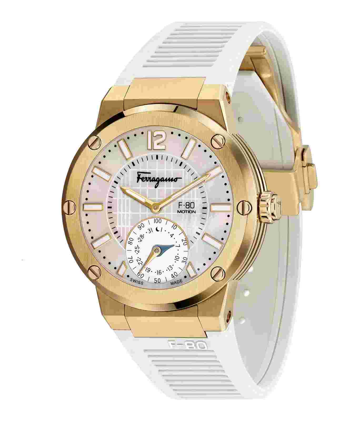 Salvatore Ferragamo SFAZ00218 F-80 Motion gold white mop Rubber Unisex Watch NEW