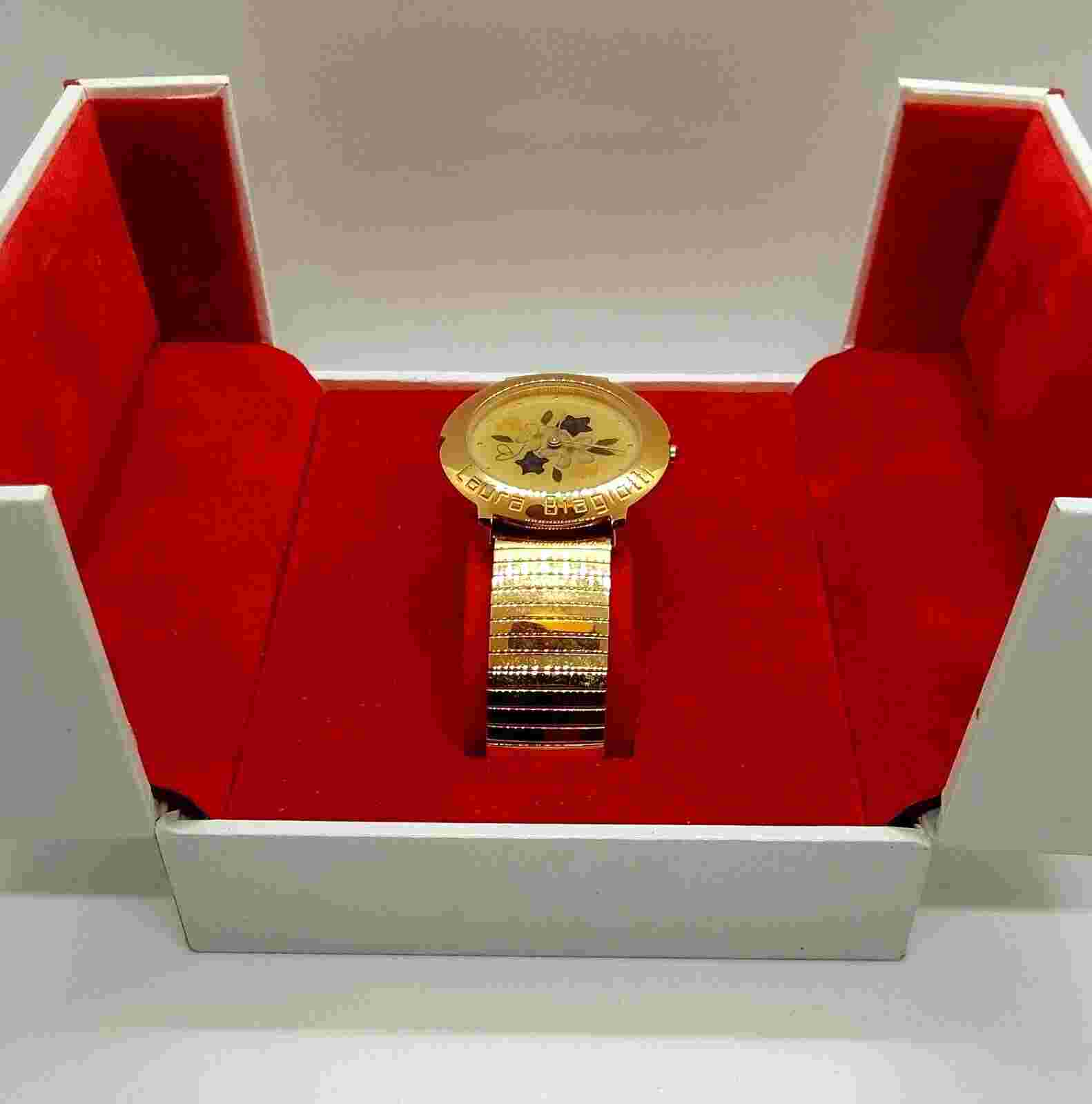 Vintage Laura Biagiotti Gold-Plated Wrist Watch Ivory Pressed Flowers Swiss Made