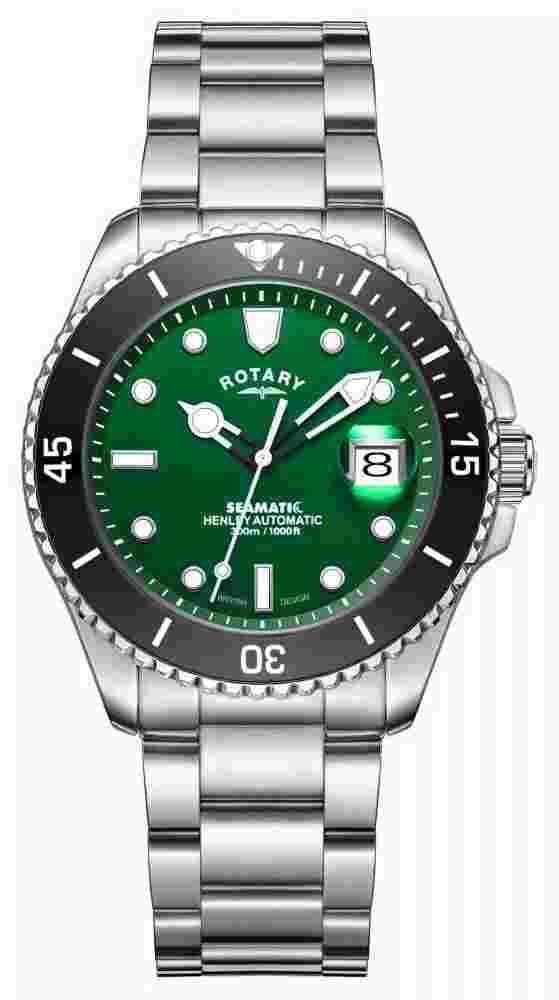 Rotary Henley Seamatic 42mm Silver Stainless Steel Case, Silver Stainless Steel Band, Green Dial, Men's Watch - GB05430/78