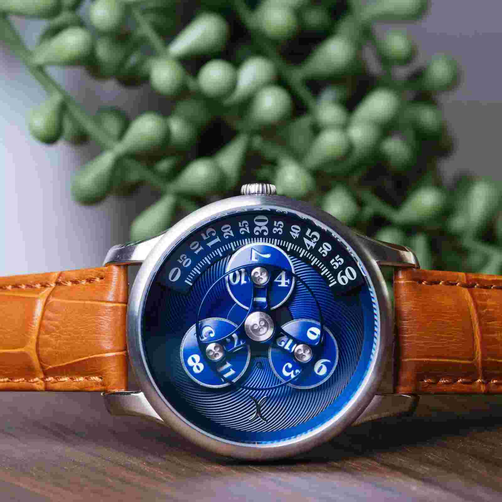 Xeric Triptych Automatic Wandering Hour Tan Blue Watch -