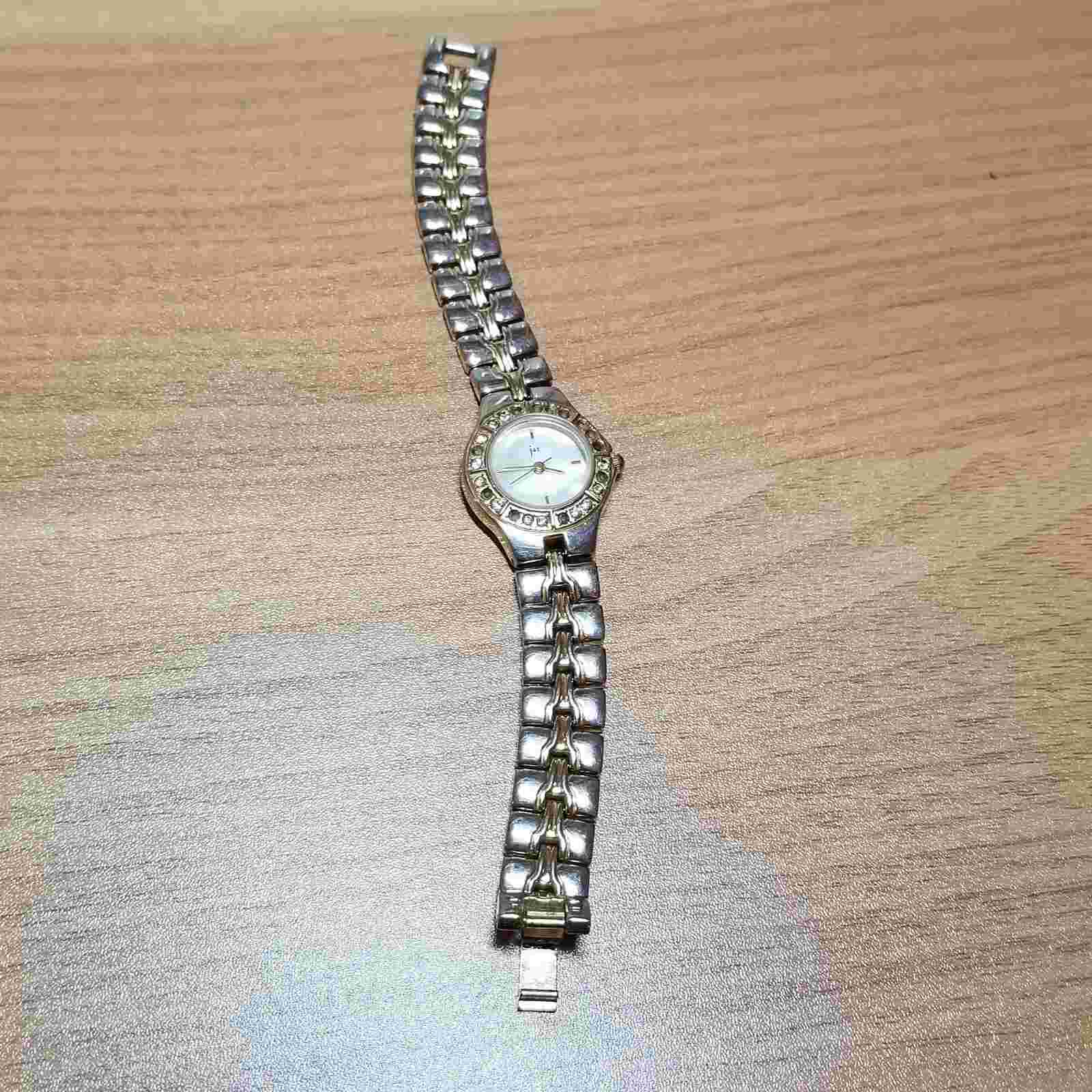 Jaz Rhinestone Ladies Watch Pearl Dial Bracelet Cute Two Tone 22mm VTG READ