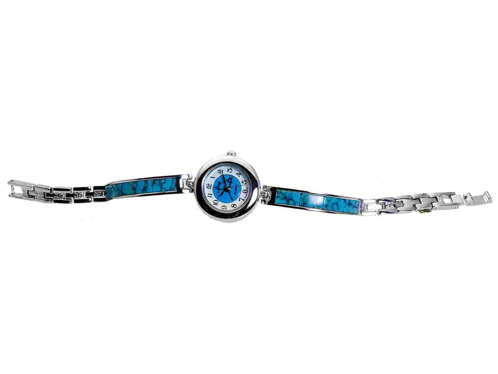 LAVONI:WOMENS' TURQUOISE HALF BANGLE LINK SILVER FINISH ROUND CASE ANALOG WATCH