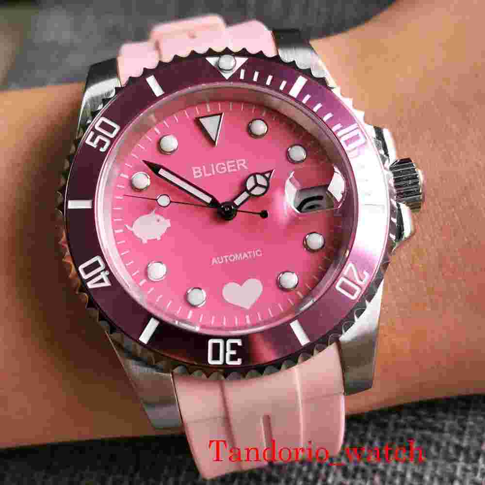 40mm Bliger Pink Sterile Dial Sapphire Glass NH35A Automatic Mens Watch Date