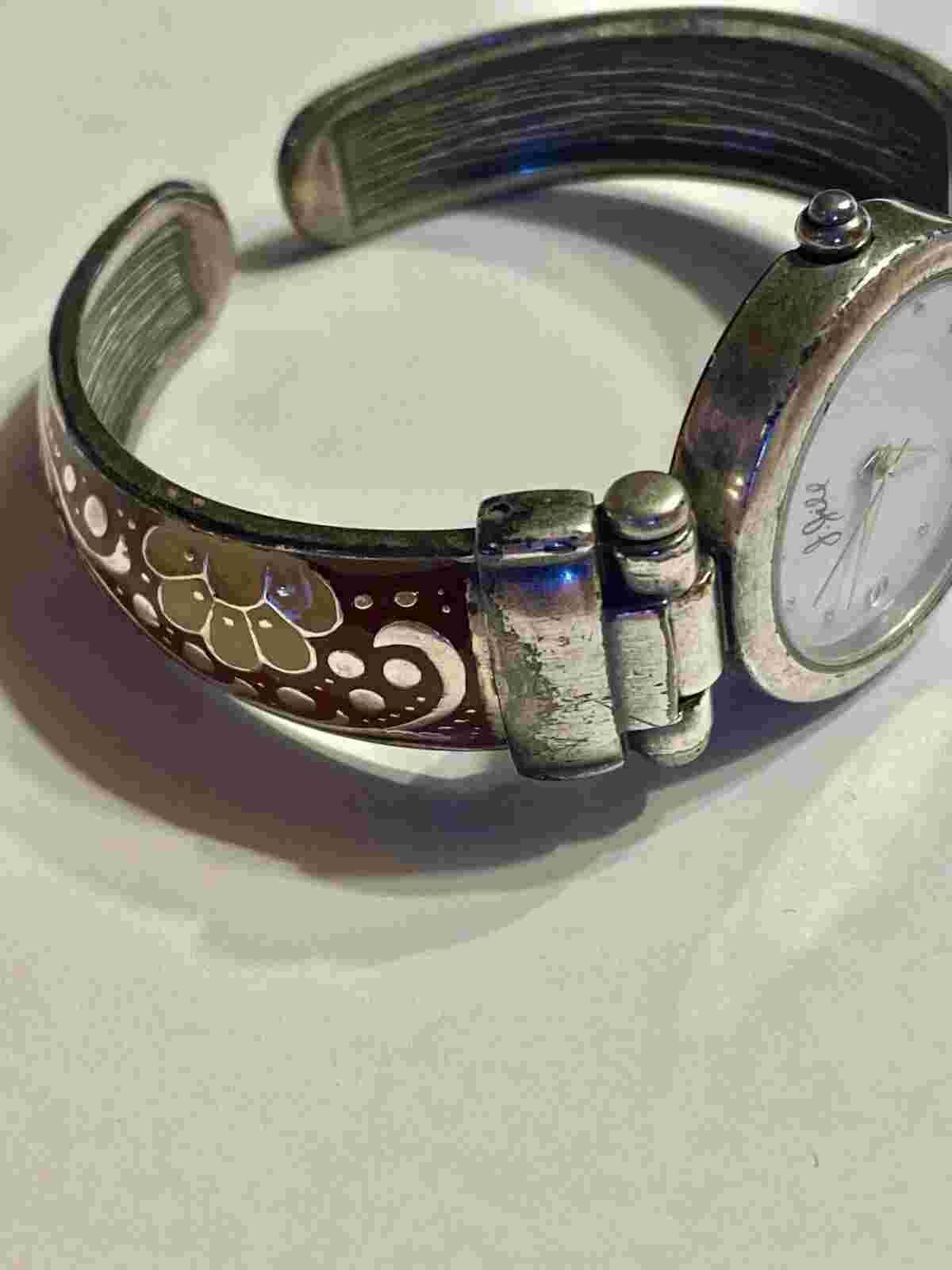 J Jill Watch - Enamel Floral Cuff Bracelet - New Battery - 7” Wrist