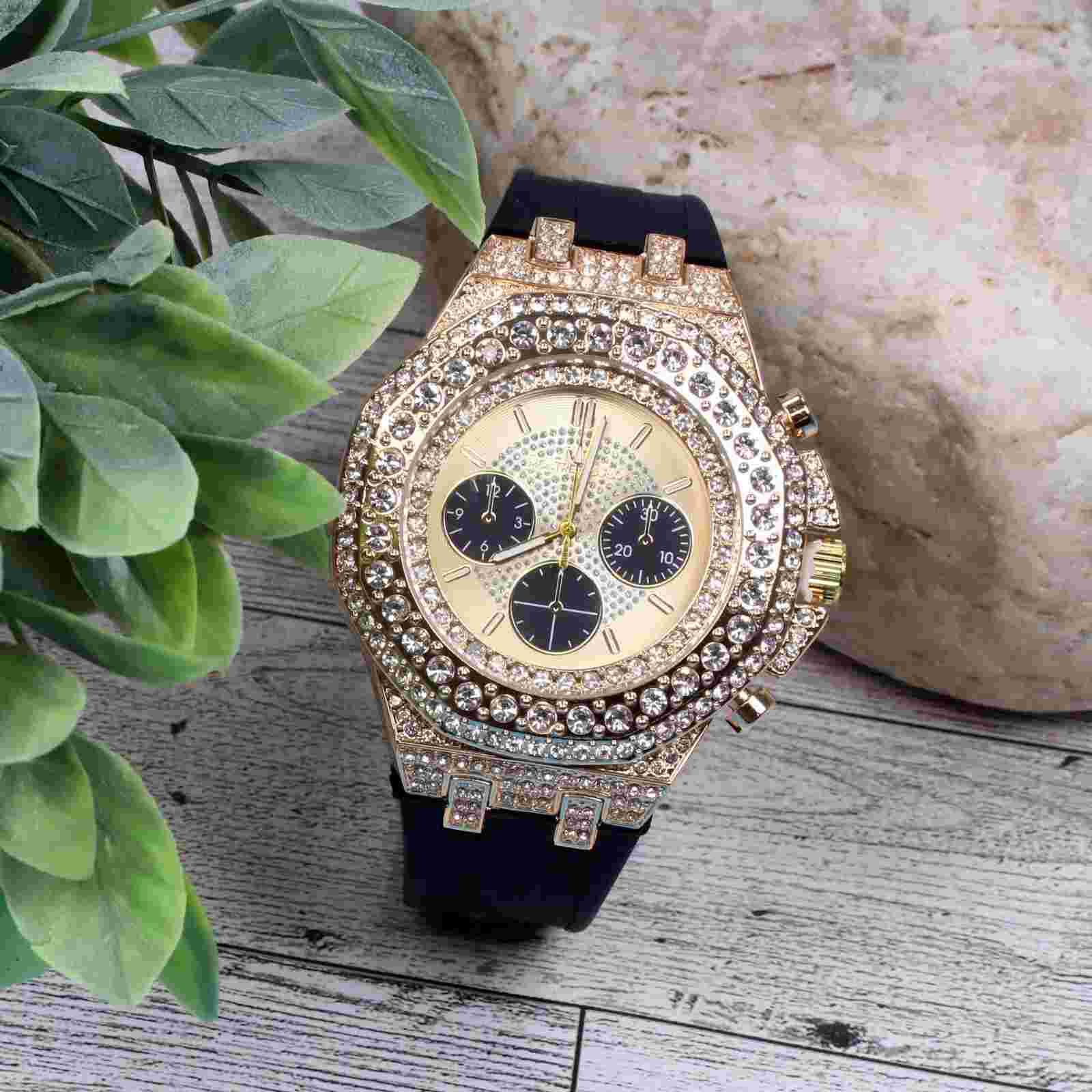 Montres Carlo Men's Hip Hop Rapper Luxury Stones Dress Wrist Watch Gold Finish