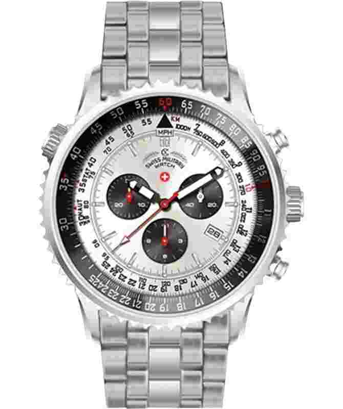 CX Swiss Military Thunderbolt Chrono Watch 44mm SS Case/Bracelet 20ATM Silv Dial