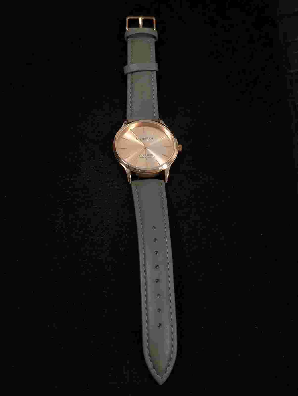 Monroe By Maestro Classique Rose Gold Tone Round Case Gray Leather Band Watch