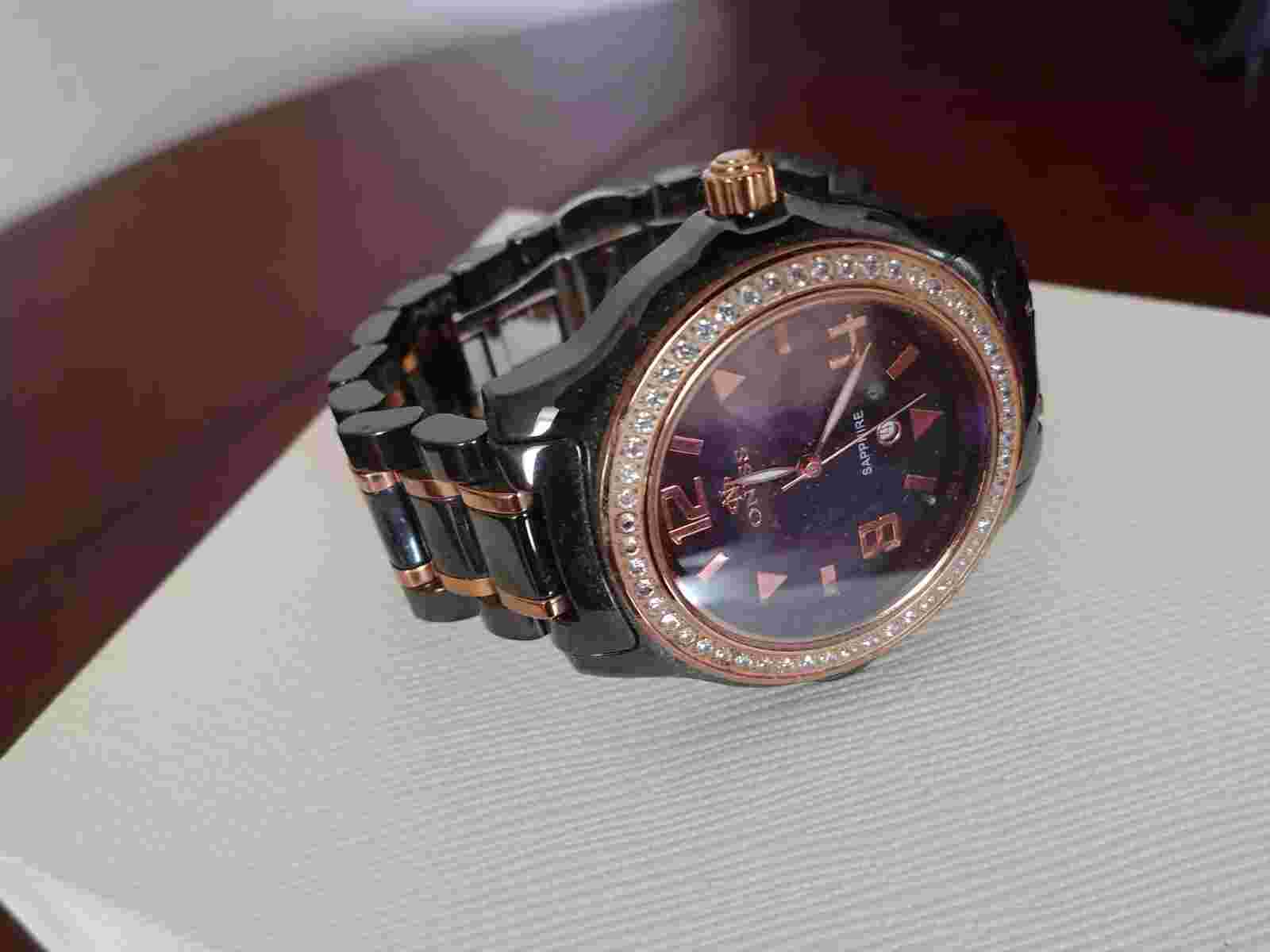 Womens ONISS Paris Black High Tech Ceramic Watch Sapphire Crystal Rose Gold Band