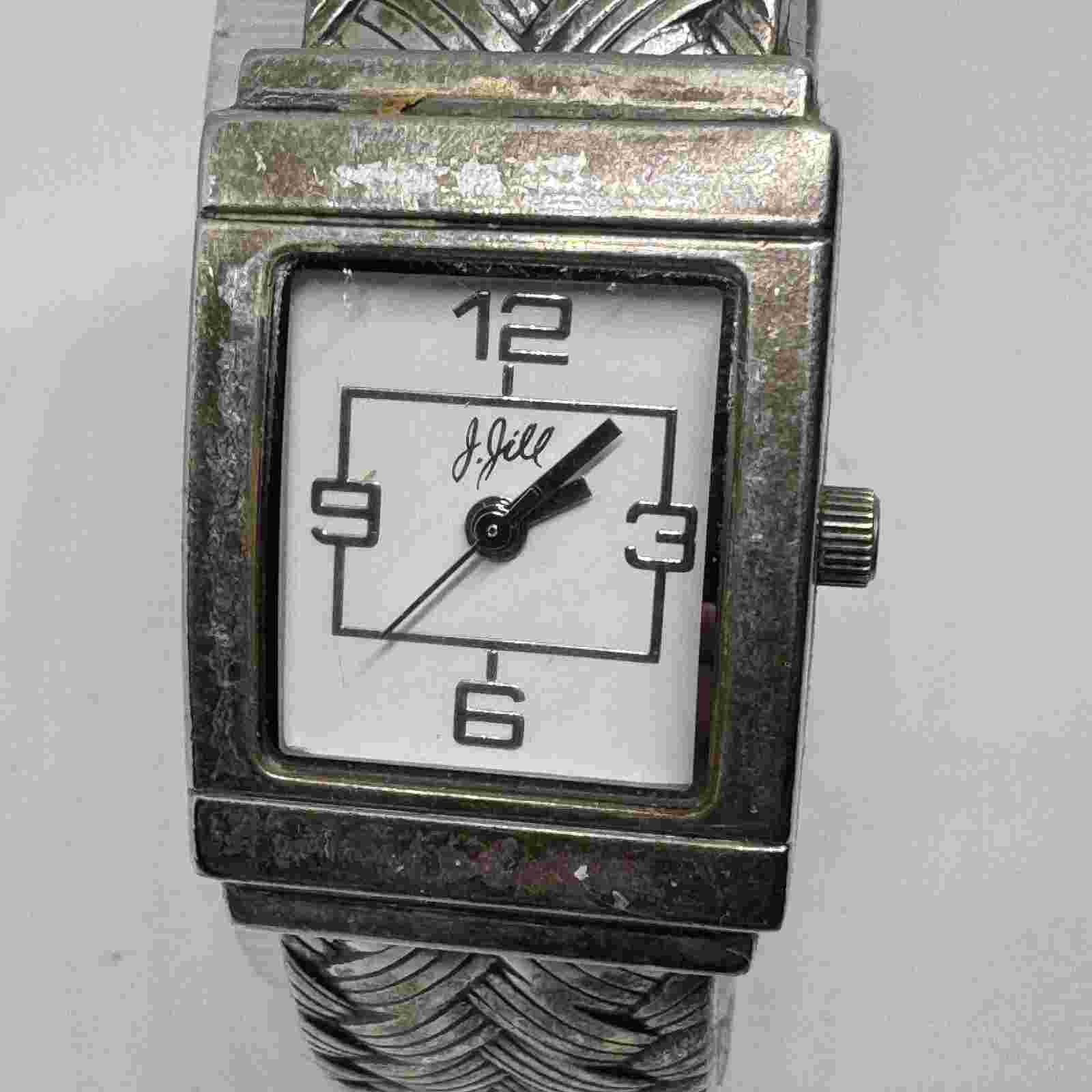 J Jill Quartz Watch Women Silver White Japan Movt Cuff Bangle Analog New Battery