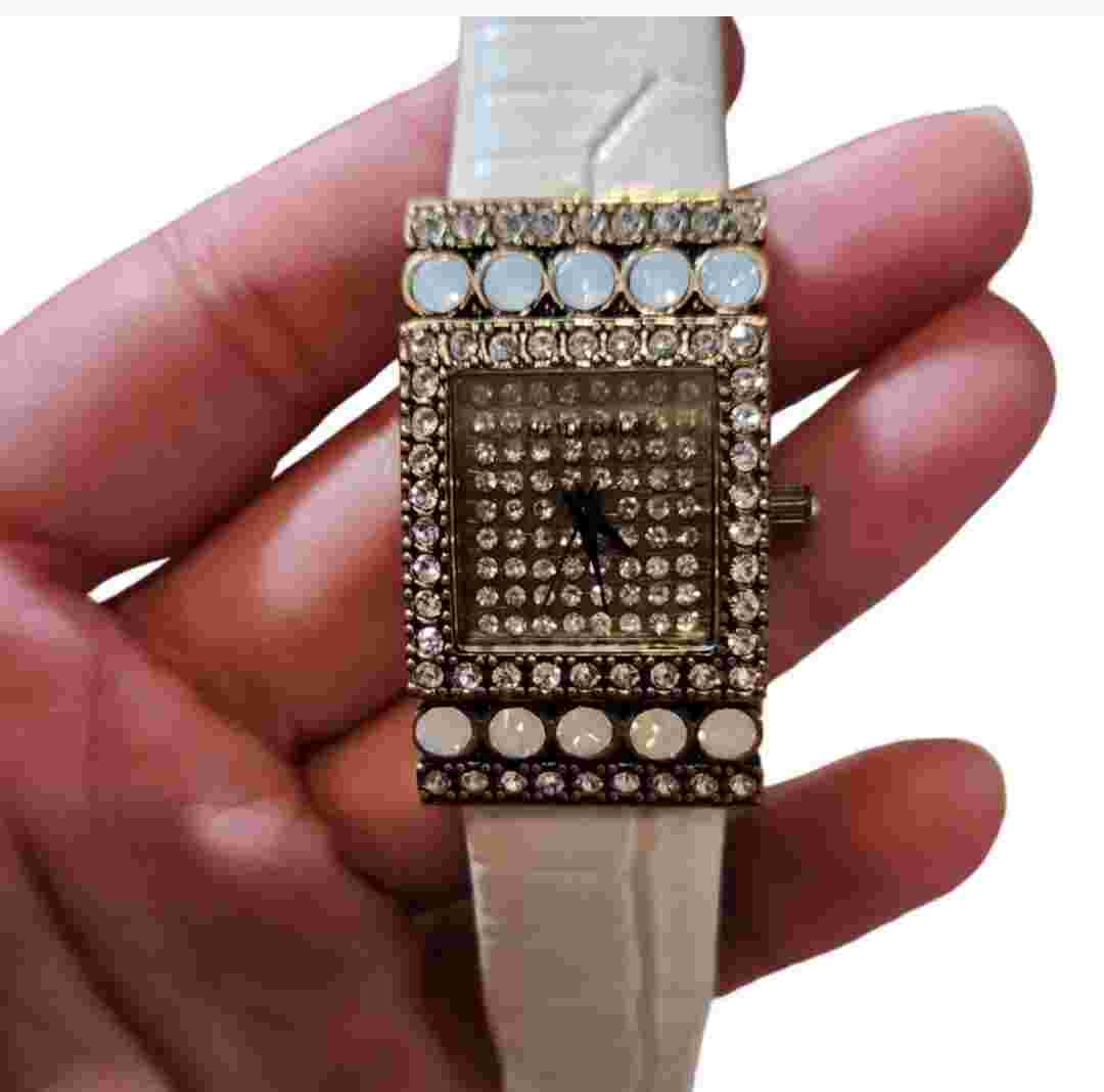 Heidi Daus B8956 Genuine Leather Croco Band Mother of Pearl Gold Watch